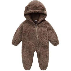 Fleece Footie Snowsuit  Onesie Cartoon Bear Hooded Outfits for Girls Boys